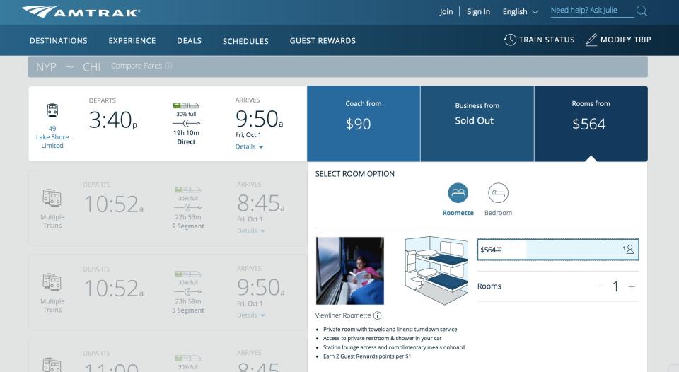 A screenshot of Amtrak's room booking site, with a $364 price tag for a 3:40 p.m. trip from New York to Chicago.