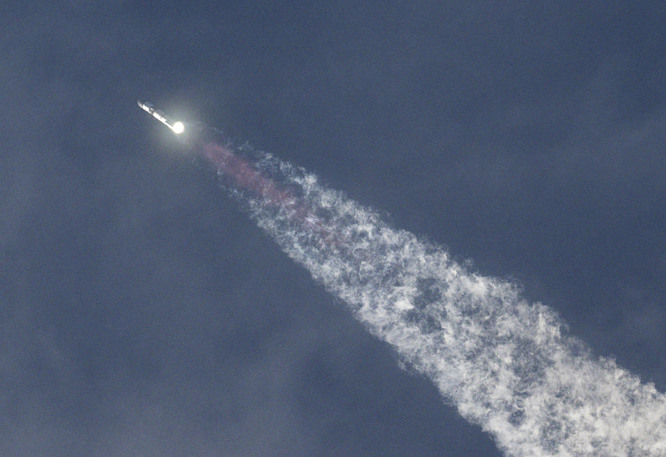 The SpaceX Starship spacecraft lifts off from its launch pad in Texas on Thursday.