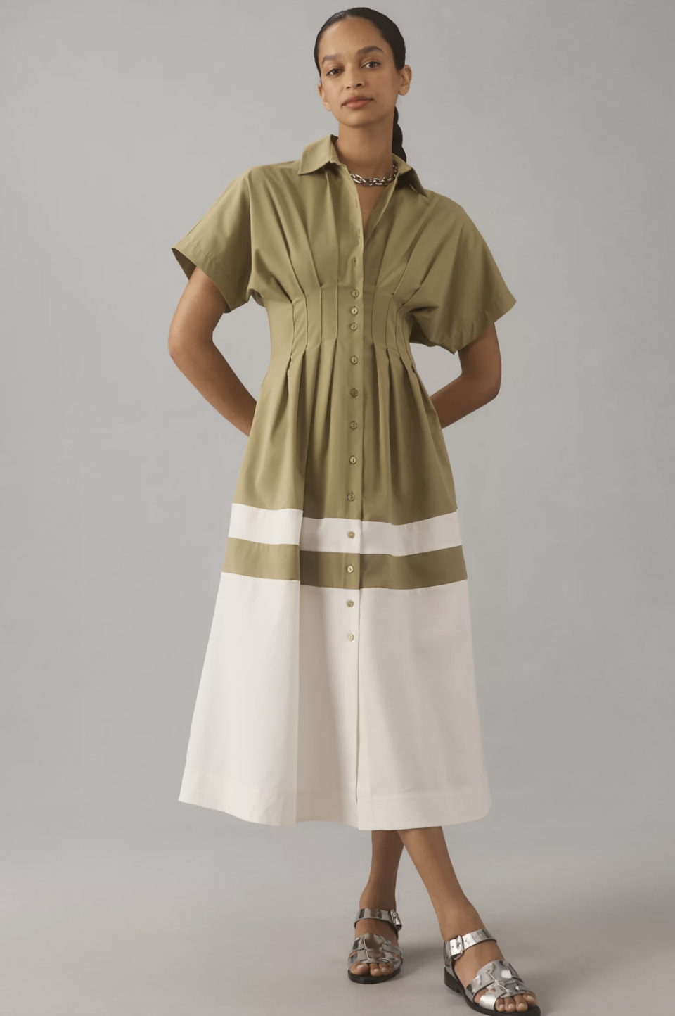 The Tobie Pleated Button-Front Shirt Dress by Exquise in Green Pattern (photo via Anthropologie).