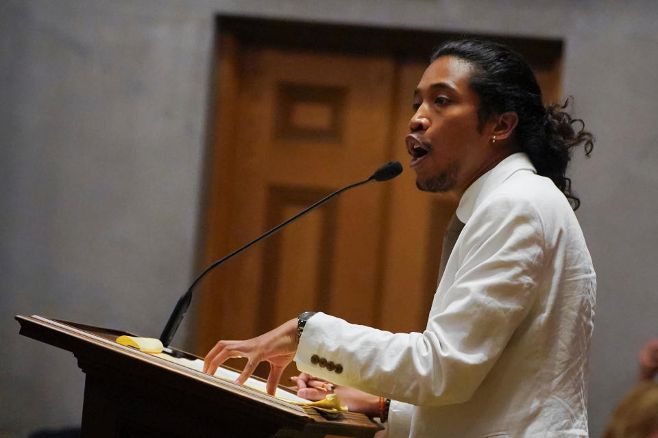 State Rep. Justin Jones speaks at the Tennessee House of Representatives ahead of votes on whether to expel him and two other Democratic members for their roles in a gun control demonstration. / Credit: Reuters/Cheney Orr