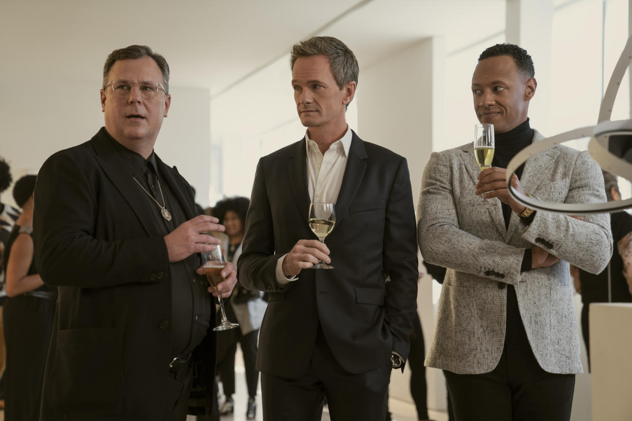 Uncoupled. (L to R) Brooks Ashmanskas as Stanley James, Neil Patrick Harris as Michael Lawson, Emerson Brooks as Billy Jackson in episode 101 of Uncoupled. Cr. Sarah Shatz/Netflix © 2022