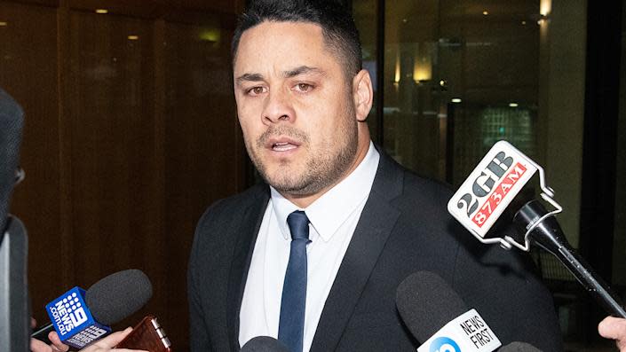 Pictured here, Jarryd Hayne speaks to the media outside Downing Centre District Court in March 2021.