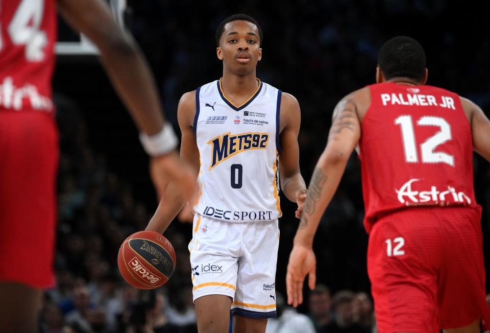 Bilal Coulibaly plays for Boulogne-Levallois Metropolitans 92 in a recent French Betclic Elite League match in Paris on May 7, 2023. (FRANCK FIFE/AFP via Getty Images)