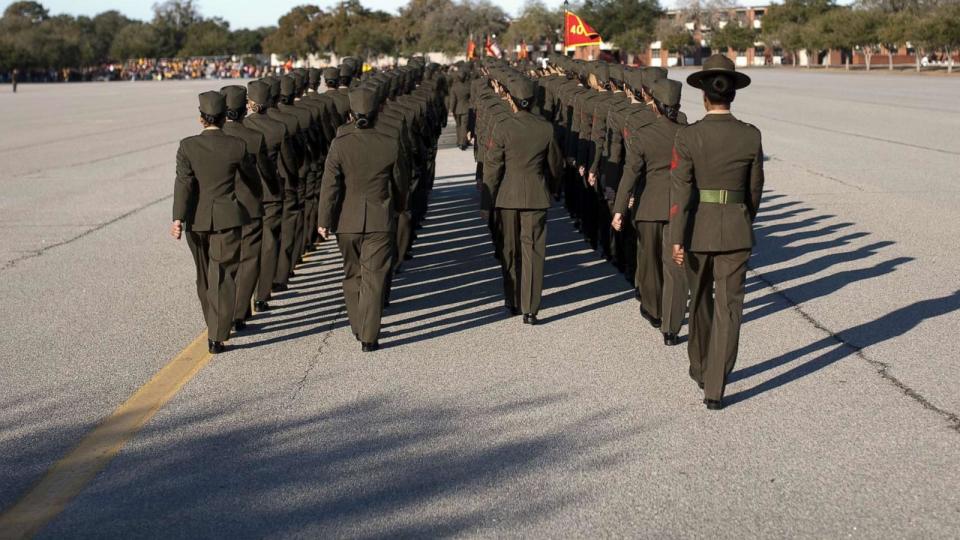 PHOTO: In this 2011 file photo, female US Marines are shown marching. (Robert Nickelsberg/Getty Images, FILE)