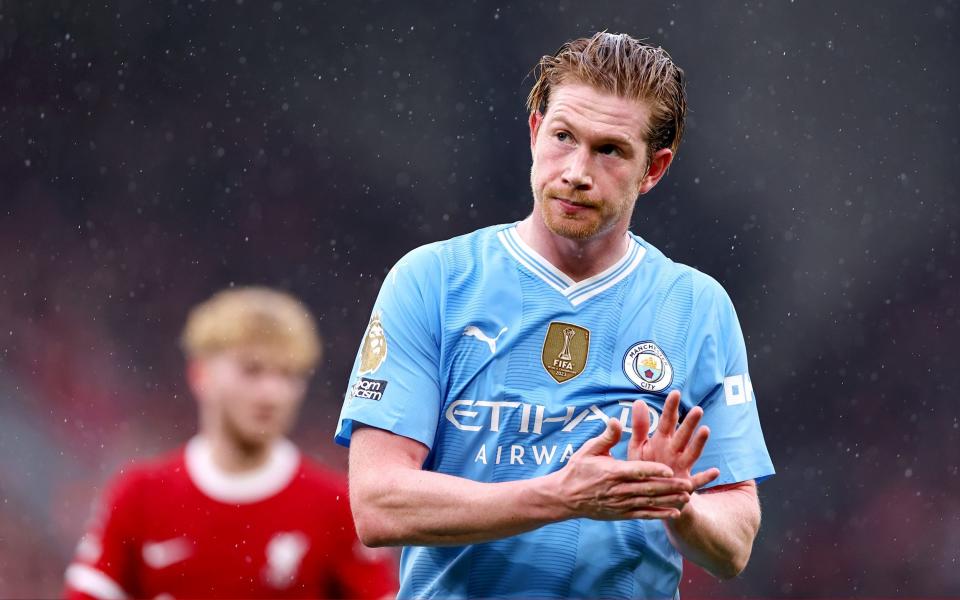 Kevin De Bruyne of Manchester City reacts during the Premier League match between Liverpool FC and Manchester City at Anfield on March 10, 2024 in Liverpool, England