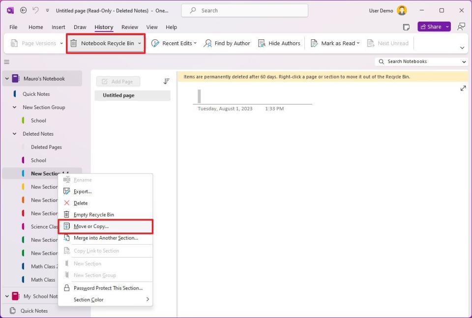 OneNote recycle bin