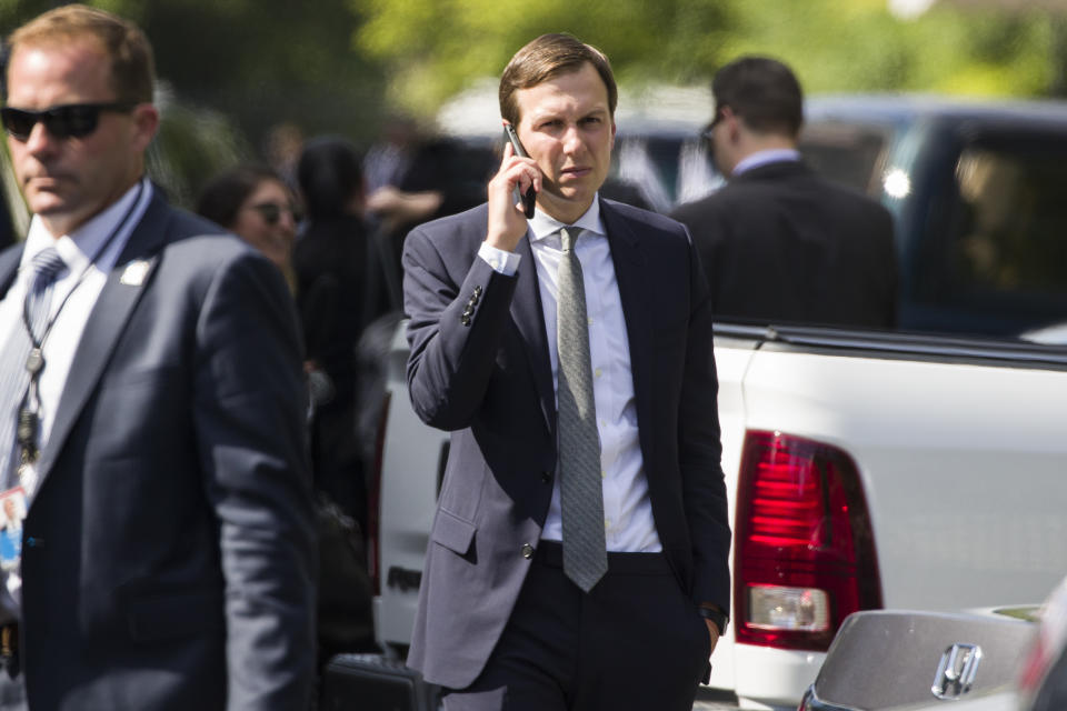 FILE - In this Wednesday, June 19, 2019 file photo, White House senior adviser Jared Kushner talks on the phone as he arrives back at the White House in Washington. On Friday, Oct. 2, 2020, The Associated Press reported on stories circulating online incorrectly asserting that Kushner, President Donald Trump’s son-in-law and adviser, deleted all his tweets after The New York Times published a story on Trump’s tax returns on Sunday. Kushner’s Twitter account is empty — but that’s because he rarely tweets, not because he deleted posts. The most recently available archived version of Kushner’s profile shows he also had zero tweets on Sept. 25, two days before the tax story broke. (AP Photo/Alex Brandon)