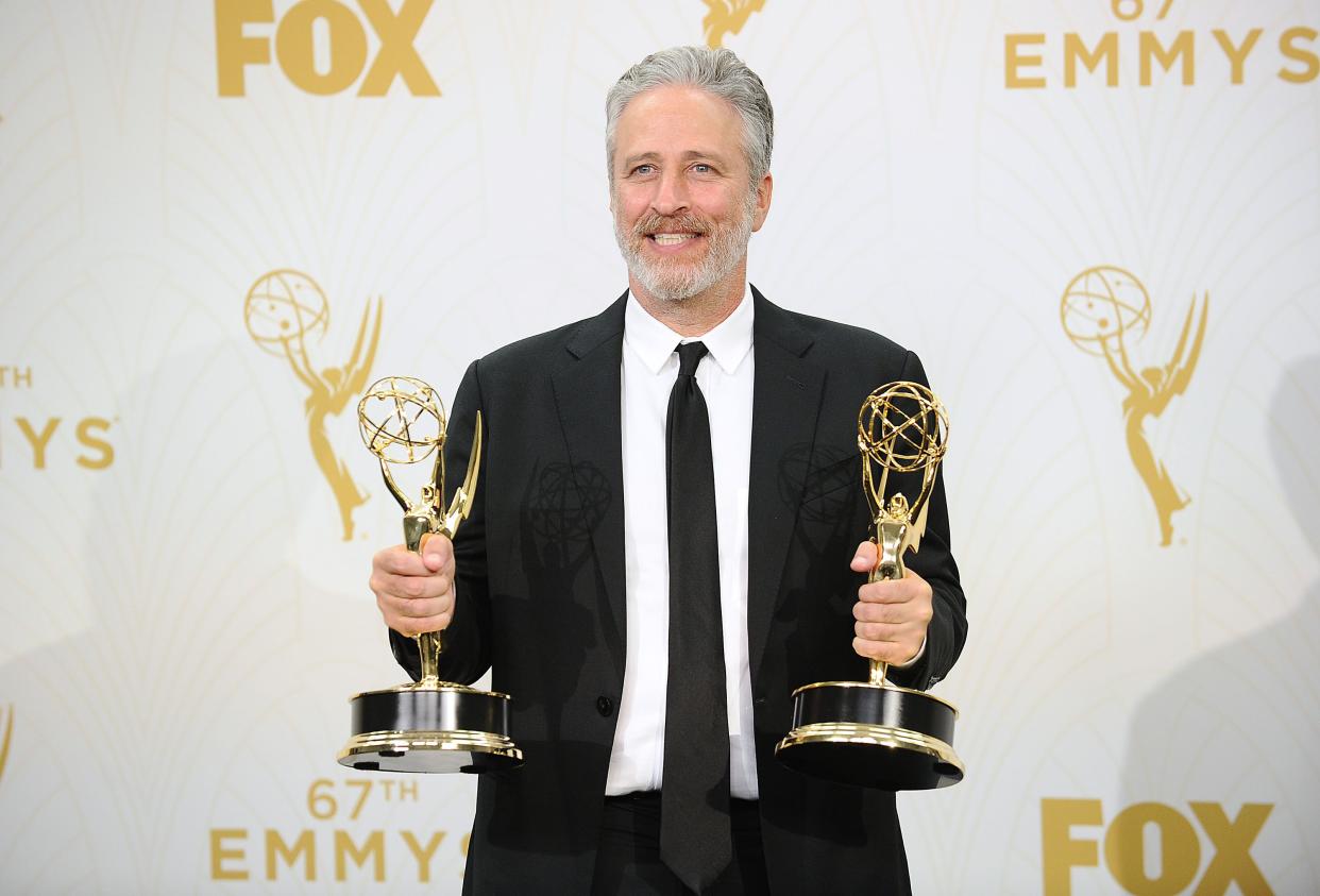 Jon Stewart poses in the press room at the 67th annual Primetime Emmy Awards at Microsoft Theater on September 20, 2015 in Los Angeles, California.