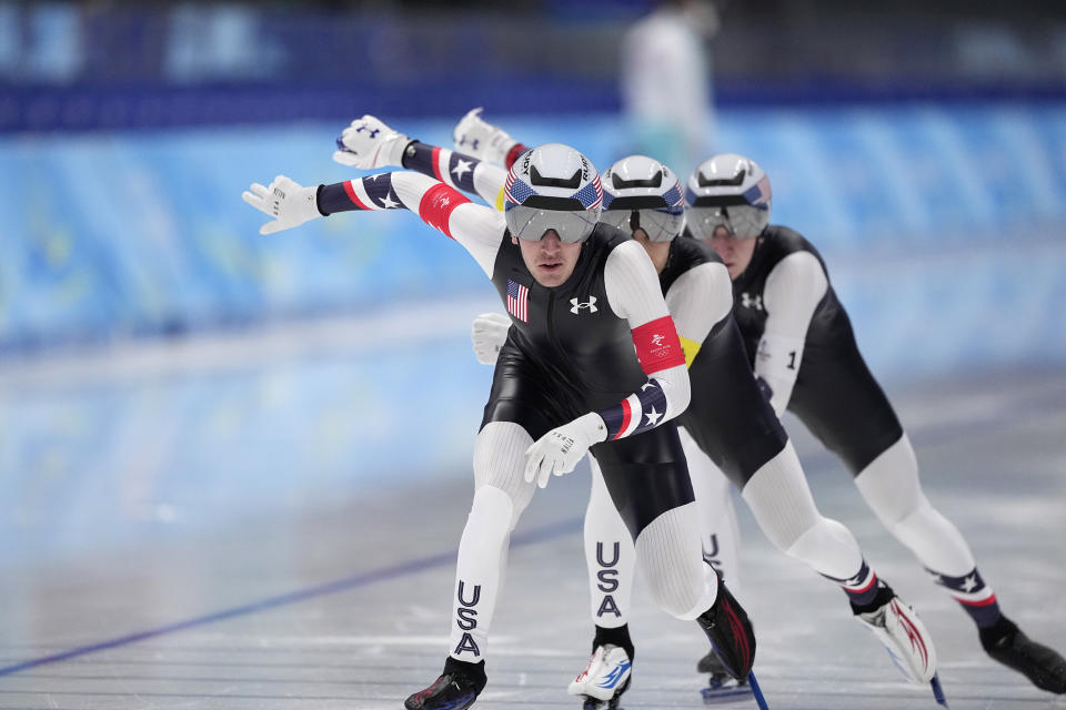 Team United States, led by Casey Dawson, with Emery Lehman center, and Ethan Cepuran, compete during the speedskating men's team pursuit semifinals at the 2022 Winter Olympics, Tuesday, Feb. 15, 2022, in Beijing. (AP Photo/Sue Ogrocki)