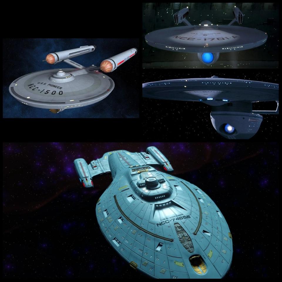 The iconic ships in the Starfleet Museum, the Pioneer, the Enterprise-A, the Excelsior, and Voyager.