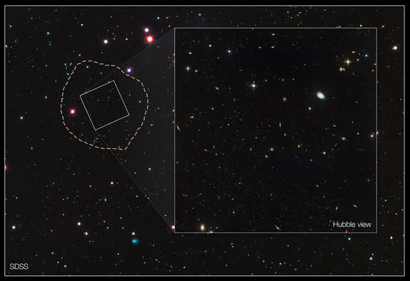 The wide image shows dwarf galaxy Leo IV and the surrounding neighbourhood. The dotted line marks the galaxy’s boundaries, measuring about 1100 light-years wide. The small white box outlines the Hubble Space Telescope’s view. Image released Jul