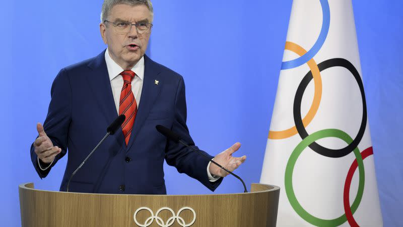 International Olympic Committee (IOC) President Thomas Bach speaks at the opening of the extraordinary hybrid 140th IOC Session of the International Olympic Committee (IOC), at the Olympic House, in Lausanne, Switzerland, Thursday, June 22, 2023.