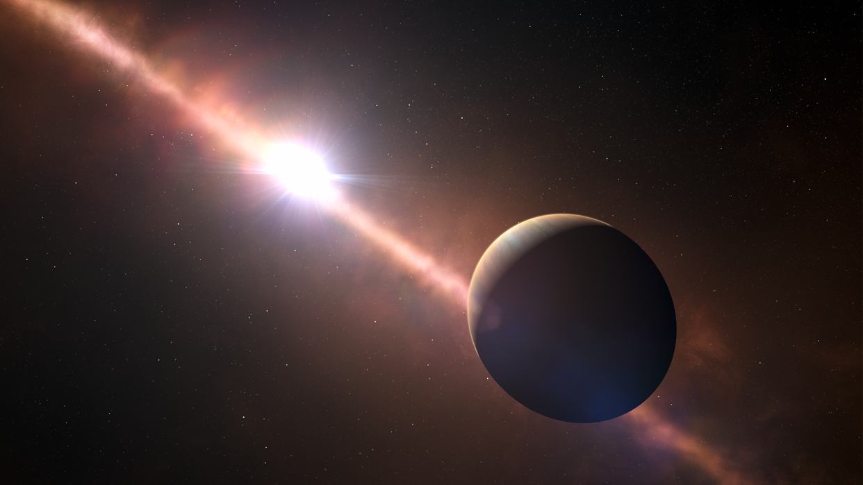 An artist’s impression of the planet Beta Pictoris b orbiting its star.