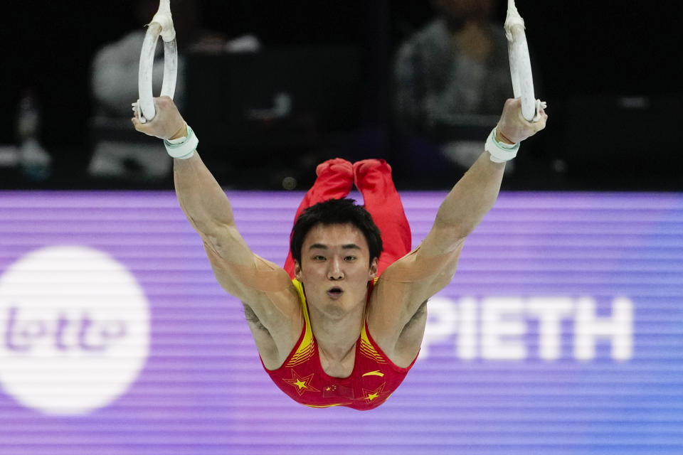 China's Sun Wei competes on the rings during the men's all-round final at the Artistic Gymnastics World Championships in Antwerp, Belgium, Thursday, Oct. 5, 2023. (AP Photo/Virginia Mayo)