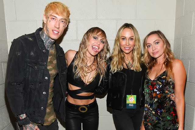 <p> Kevin Mazur/Getty</p> From left: Trace Cyrus, Miley Cyrus, Tish Cyrus and Brandi Cyrus in September 2019