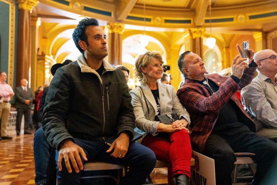 GOP presidential candidate Vivek Ramaswamy sits during a rally against eminent domain for carbon capture pipelines Wednesday, Jan. 10, 2024, at the Iowa State Capitol.