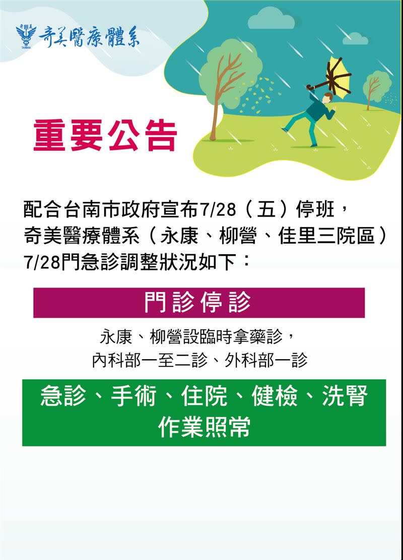 奇美醫療體系7/28(五)門診全日停止看診作業。（圖／翻攝自奇美醫院官網）