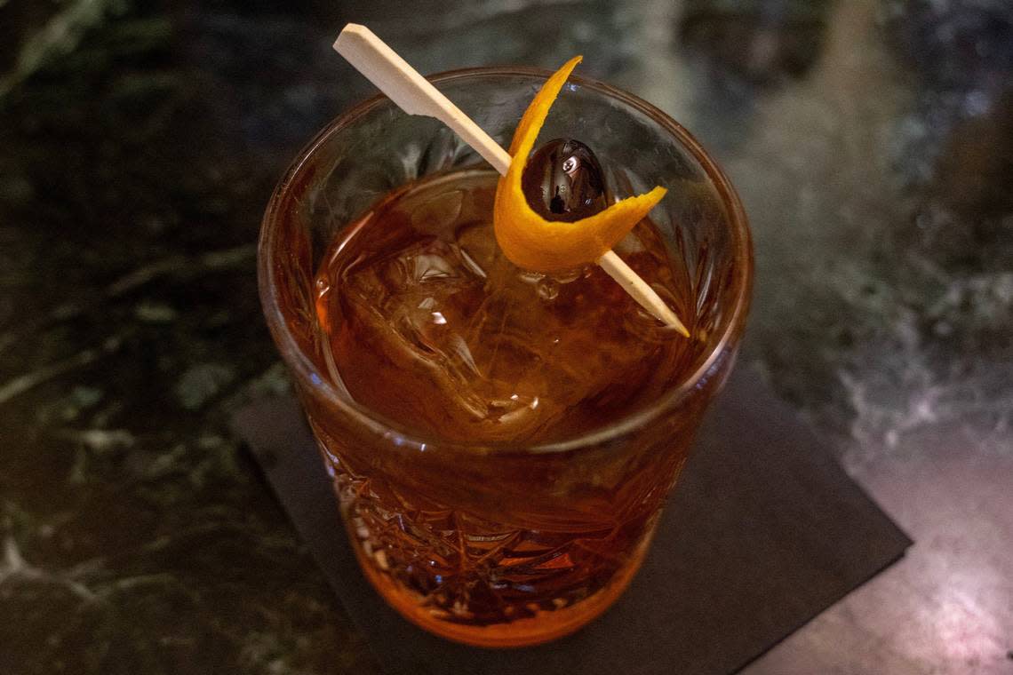 The Old Fashioned Revolution cocktail is a signature drink at Pierpont’s, made with Buffalo Trace bourbon, High West Double Rye, Angostura amaro, and Pierre Ferrand dry Curaçao and garnished with a cherry and orange peel.