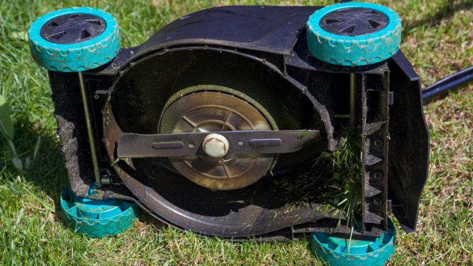 How to sharpen lawn mower blades: Lawn mower shortly after use from below