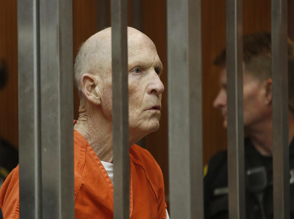 CORRECTS TO AVOID THE EXACT NUMBER OF SLAYINGS, INSTEAD OF 13 SLAYINGS, SINCE AT LEAST 1 COUNTY IS NOT SEEKING A DEATH PENALTY - Joseph DeAngelo, suspected of being the Golden State Killer, appears in Sacramento County Superior Court as prosectors announce they will seek the death penalty if he is convicted in his case, Wednesday, April 10, 2019, in Sacramento, Calif. California prosecutors announced Wednesday they will seek the death penalty if they convict the man suspected of being the notorious "Golden State Killer" who eluded capture for decades. (AP Photo/Rich Pedroncelli)