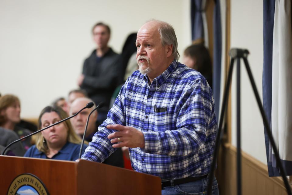 North Hampton resident Maurice Vincent speaks against the town taking the Cotters land by eminent domain for a cell tower during a meeting Thursday, Feb. 2, 2023.