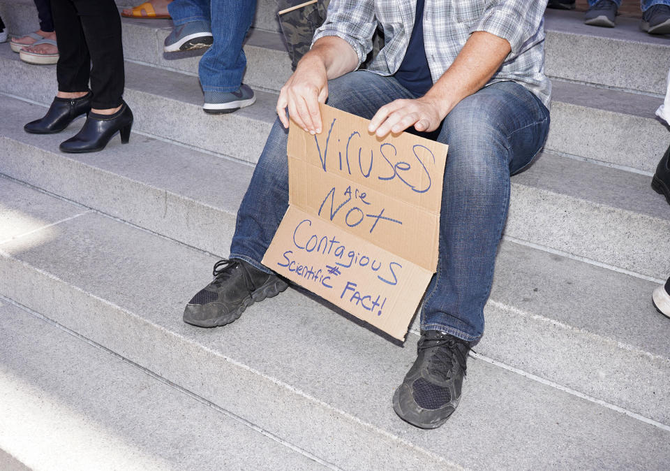 A protestor's sign at a rally calling for the reopening of California from coronavirus lockdown measures in Los Angeles, May 24, 2020.<span class="copyright">Jamie Lee Curtis Taete</span>