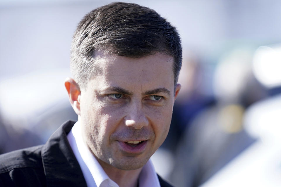 Transportation Secretary Pete Buttigieg speaks during a news conference Thursday, Feb. 23, 2023, near the site of the Feb. 3 Norfolk Southern train derailment in East Palestine, Ohio. (AP Photo/Matt Freed)