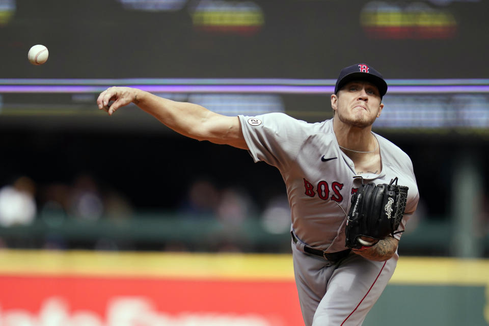 Boston Red Sox starting pitcher Tanner Houck throws against the Seattle Mariners in the third inning of a baseball game Wednesday, Sept. 15, 2021, in Seattle. (AP Photo/Elaine Thompson)