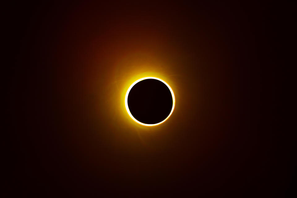 CHIAYI, TAIWAN - 2020/06/21: Annular solar eclipse seen from Chiayi in southern Taiwan on June 21th, 2020. The solar eclipse fully visible in some parts the world, including southern Taiwan, covered 99.4 par cent of the sun. It is the first time since 2001 that an eclipse of this type occurred on summer solstice day. (Photo by Alberto Buzzola/LightRocket via Getty Images)