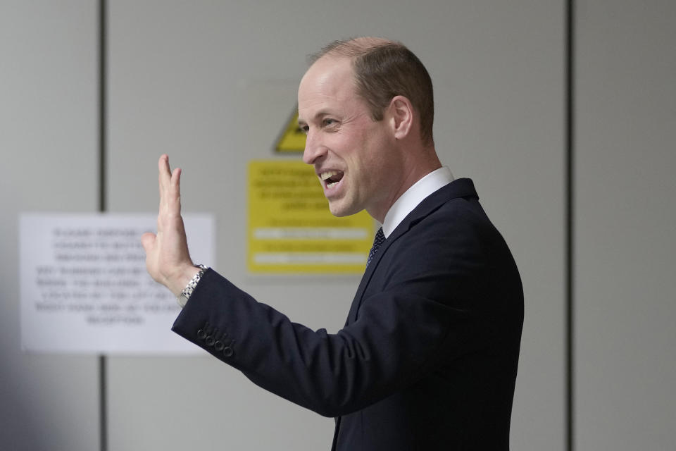 LONDON, ENGLAND - FEBRUARY 20: Prince William, The Prince of Wales, waves as he visits the British Red Cross at British Red Cross HQ on February 20, 2024 in London, England. The Prince of Wales undertakes engagements which recognise the human suffering caused by the ongoing at British Red Cross HQ on February 20, 2024 in London, England. The Prince of Wales undertakes engagements which recognise the human suffering caused by the ongoing war in the Middle East and the subsequent conflict in Gaza, as well as the rise of antisemitism around the world. The Red Cross are providing humanitarian aid in the region via the Red Cross Red Crescent Movement, including Magen David Adom in Israel and the Palestine Red Crescent Society. (Photo by Kin Cheung - WPA Pool/Getty Images)
