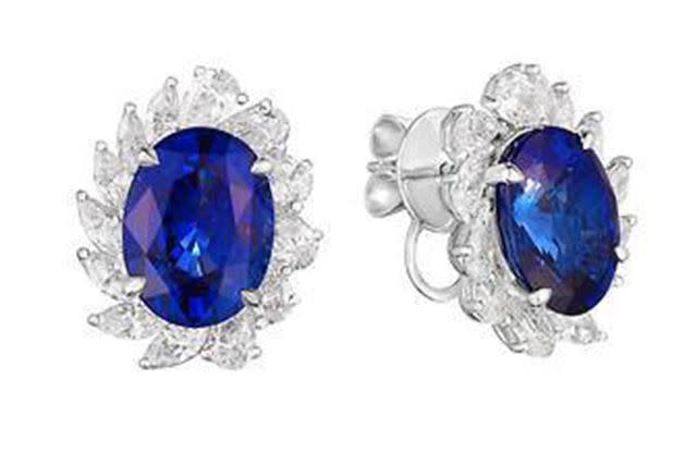 <p>Costco Wholesale</p> Oval Cut 12.21 ct Blue Sapphire & Diamond 18kt White Gold Earrings