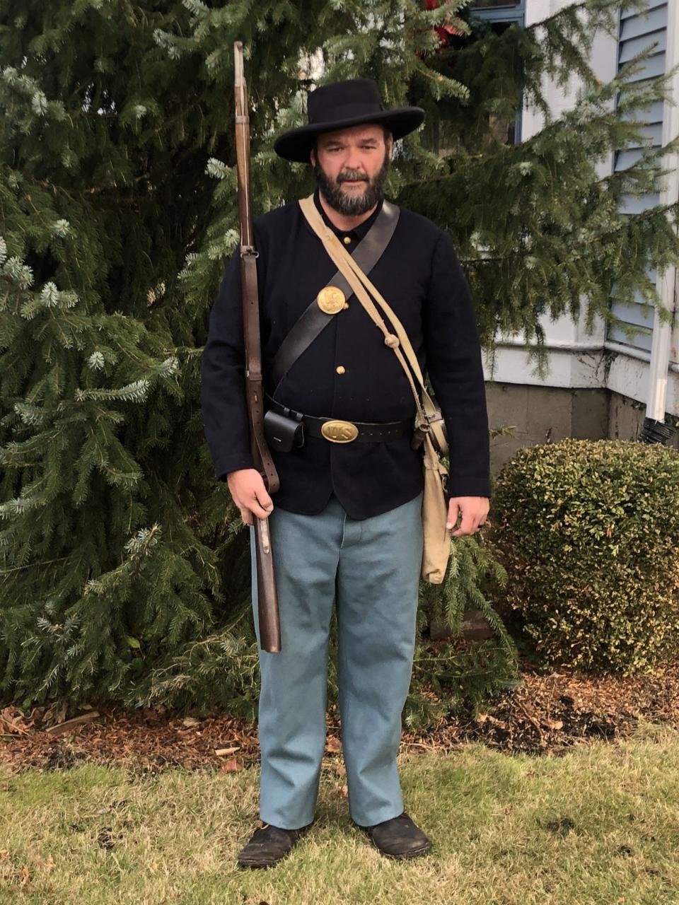 Grant Zucker wears a uniform authentic to the Civil War, right down to the Brogans on his feet.