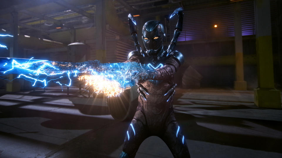 Xolo Maridueña's Blue Beetle wielding electrified sword