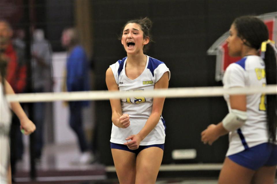 Muncie Burris volleyball's Aubrey Miller celebrates a point in the team's sectional championship match against Wapahani at Wapahani High School on Saturday, Oct. 15, 2022.