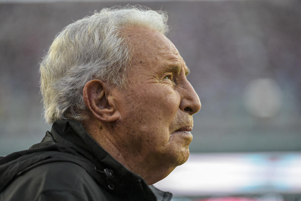 ESPN broadcaster Lee Corso watches LSU tale on Alabama in the first half of an NCAA football game Saturday, Nov. 9, 2019, in Tuscaloosa, Ala. (AP Photo/Vasha Hunt)