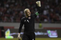 Costa Rica's goalkeeper Keylor Navas celebrates his side's second goal against United States during a qualifying soccer match for the FIFA World Cup Qatar 2022 in San Jose, Costa Rica, Wednesday, March 30, 2022. (AP Photo/Moises Castillo)