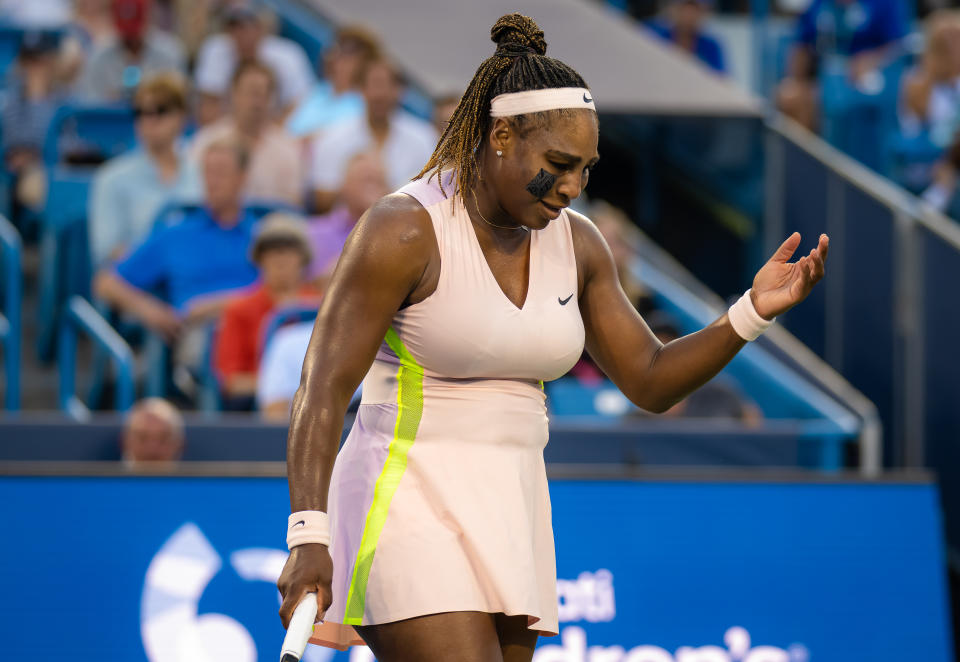 Serena Williams (pictured) reacting with frustration during a point against Emma Raducanu.