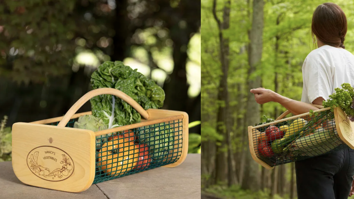 woman walking through the woods with a basket filled with vegetables