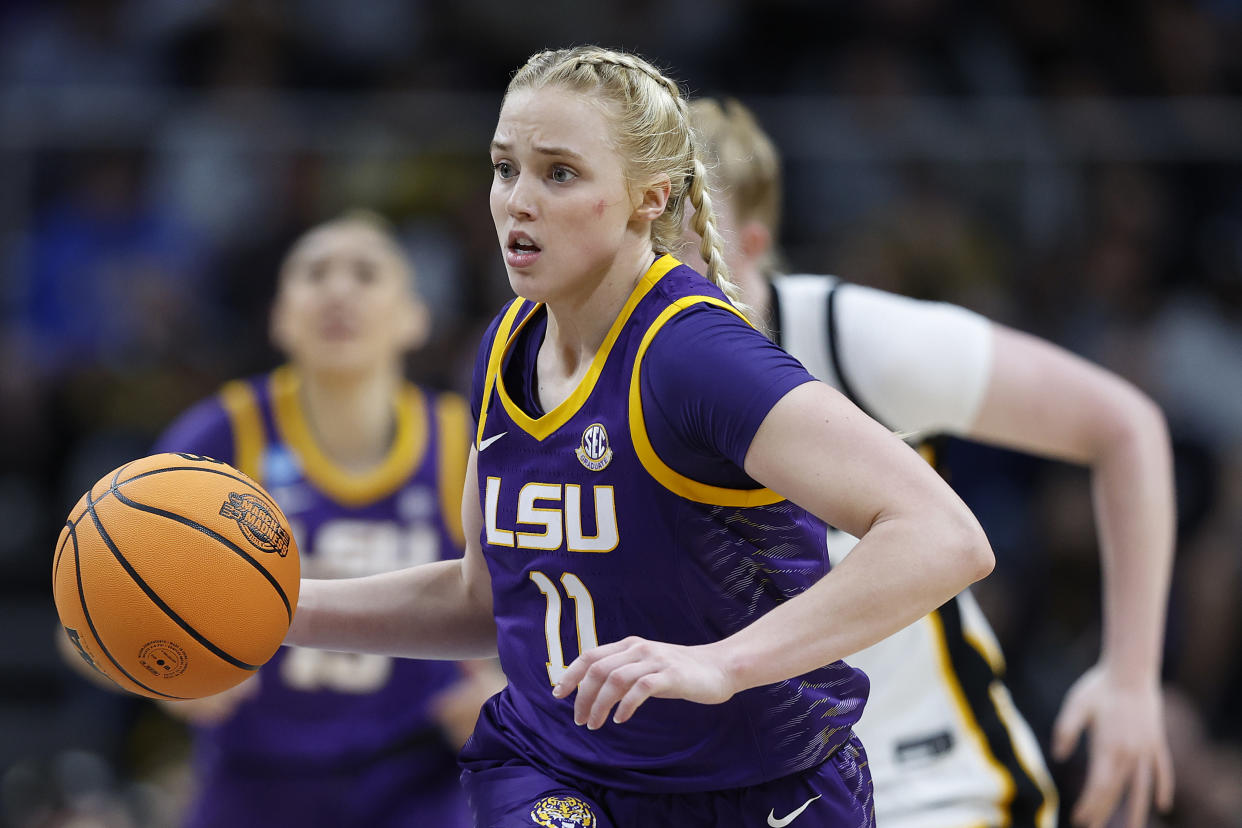 ALBANY, NEW YORK - APRIL 01: Hailey Van Lith #11 of the LSU Tigers takes the ball out during the second half against the Iowa Hawkeyes in the Elite 8 round of the NCAA Women's Basketball Tournament at MVP Arena on April 01, 2024 in Albany, New York. (Photo by Sarah Stier/Getty Images)