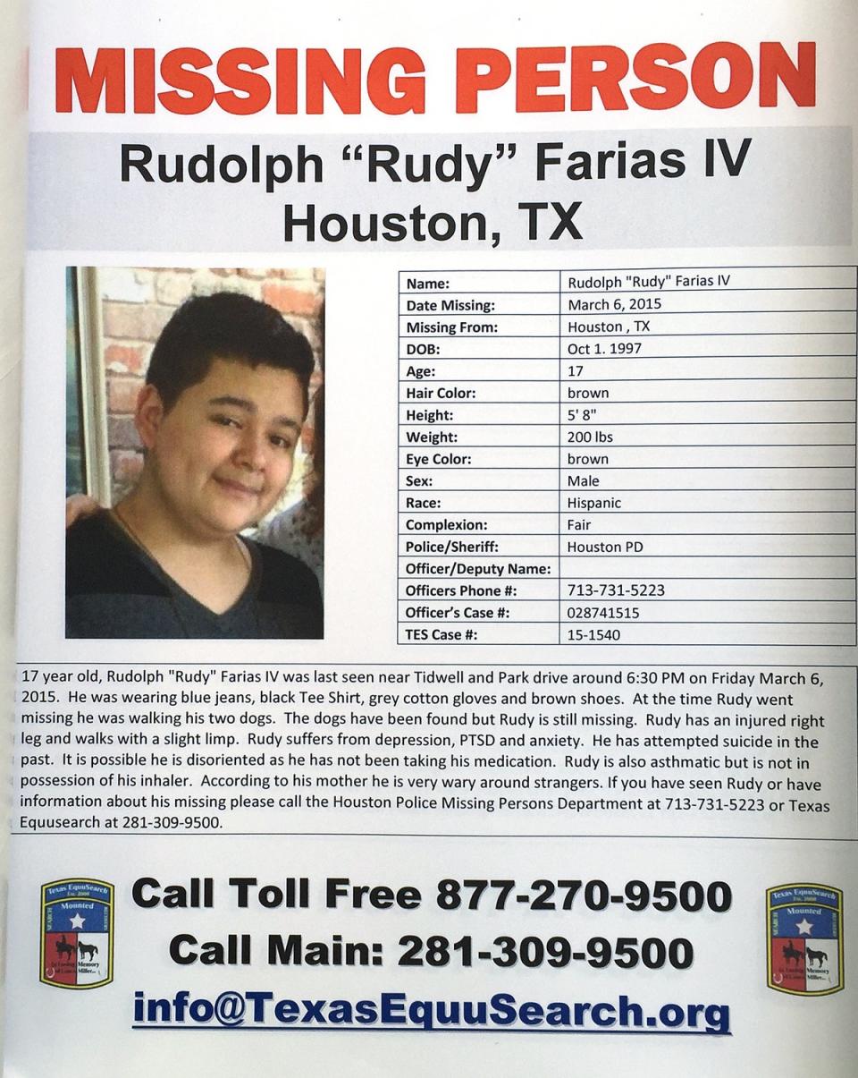 A missing poster for Rudolph ‘Rudy’ Farias IV. Mr Farias went missing on 6 March 2015 and was found over the weekend