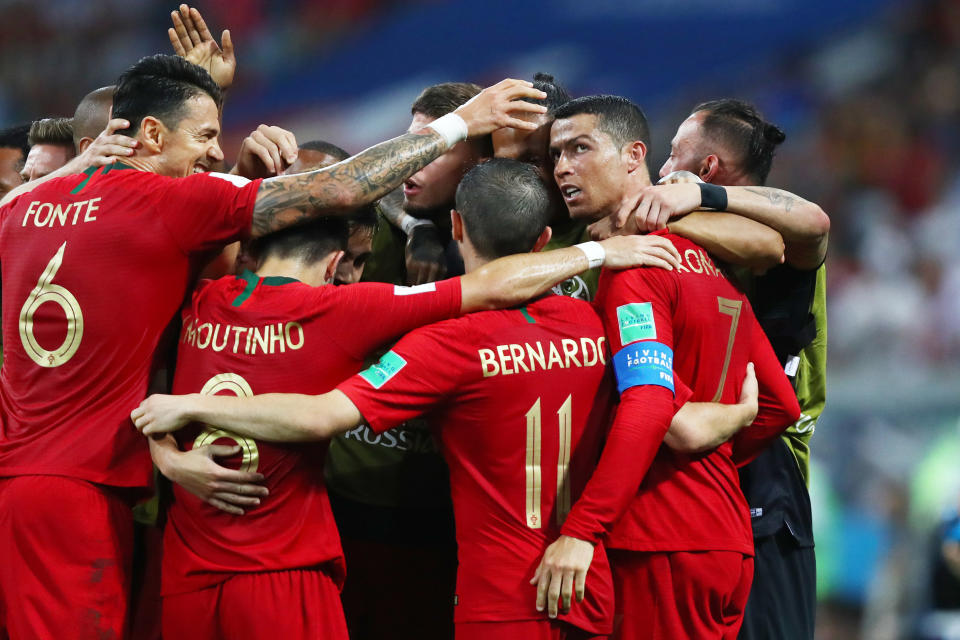 Portugal celebrate during the 2018 FIFA World Cup Russia group B match between Portugal and Spain at Fisht Stadium on June 15, 2018 in Sochi, Russia.