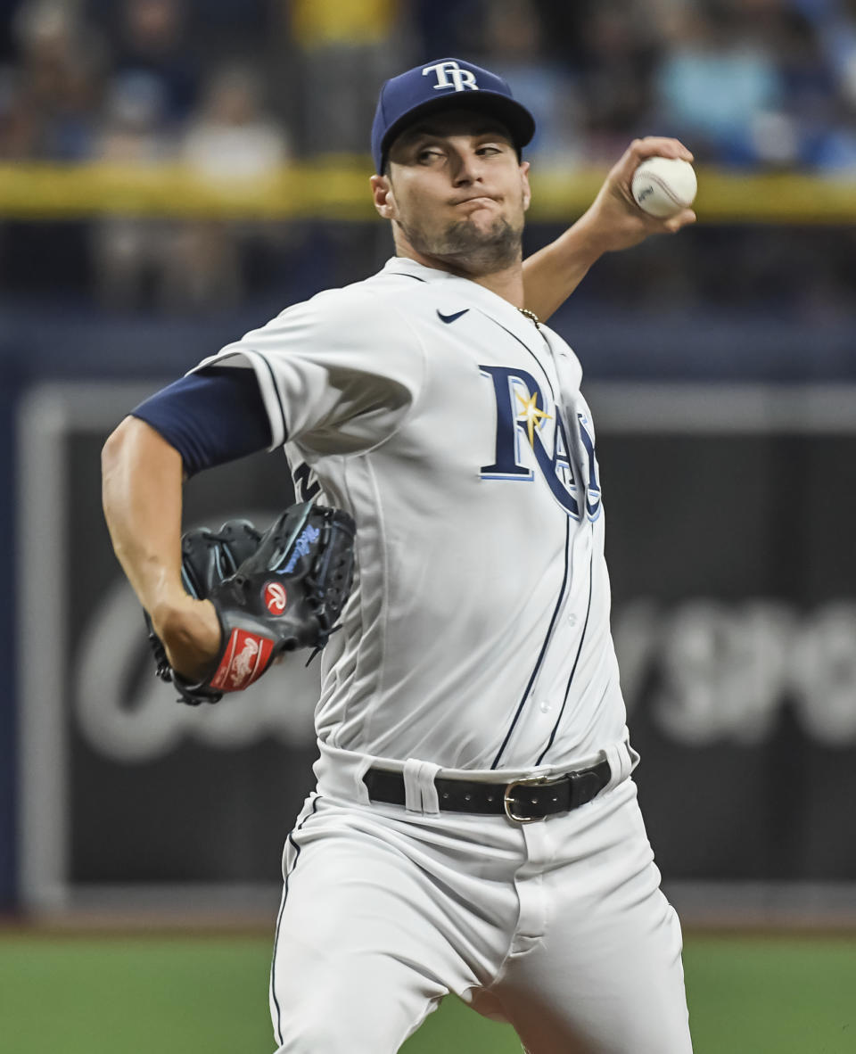 Tampa Bay Rays starter Shane McClanahan throws to a New York Yankees batter during the first inning of a baseball game Tuesday, July 27, 2021, in St. Petersburg, Fla. (AP Photo/Steve Nesius)