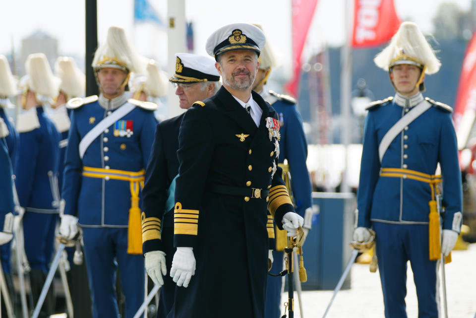 CAPTION CORRECTS BYLINE Denmark's King Frederik X is welcomed by Sweden's King Carl XVI Gustaf, on arrival, at Skeppsbron, in Stockholm, Sweden, Monday, May 6, 2024. Denmark’s King Frederik X has arrived in Stockholm, accompanied by his Australian-born wife Queen Mary, as he embarked on his first official visit abroad as new Danish monarch. (Ida Marie Odgaard/Ritzau Scanpix via AP)