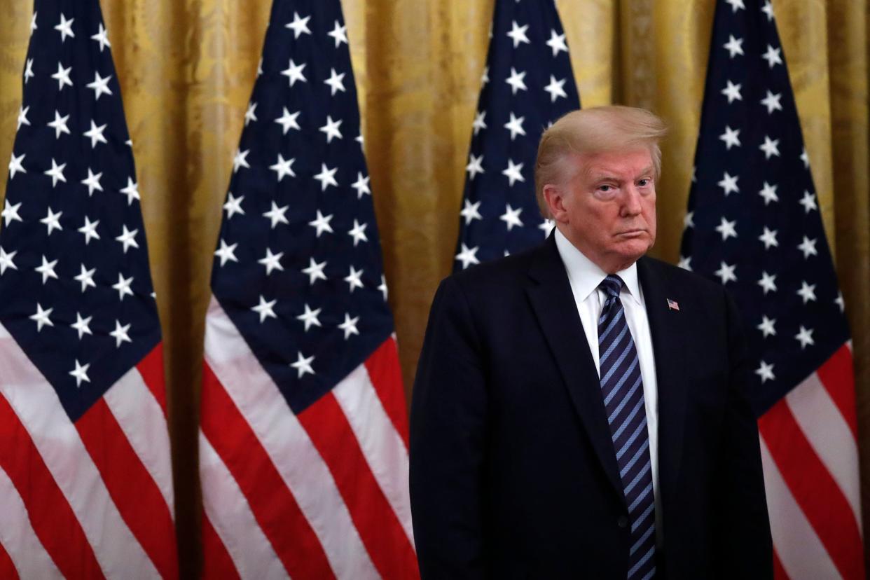 Donald Trump at a briefing on the coronavirus pandemic in the East Room of the White House: AP