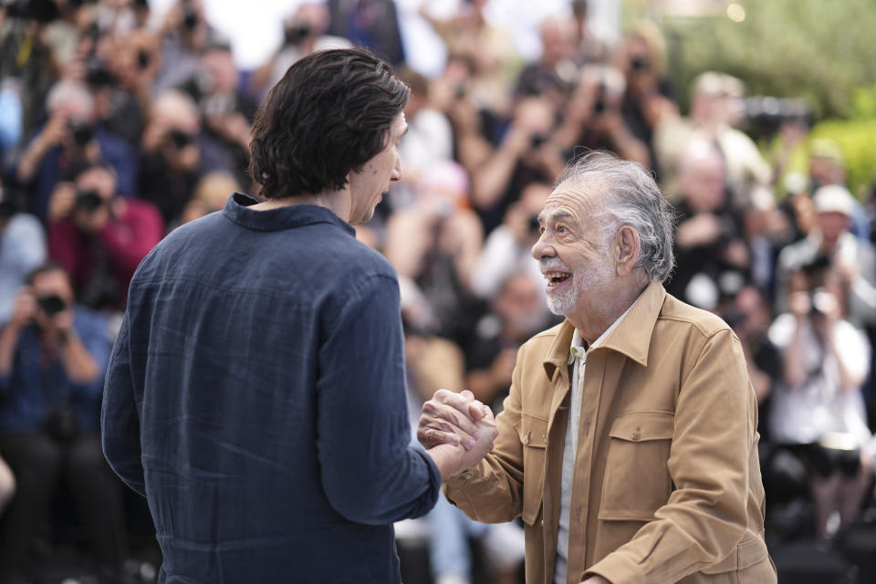 Adam Driver, left, and director Francis Ford Coppola pose for photographers at the photo call for the film 'Megalopolis' at the 77th international film festival, Cannes, southern France, Friday, May 17, 2024. (Photo by Scott A Garfitt/Invision/AP)
