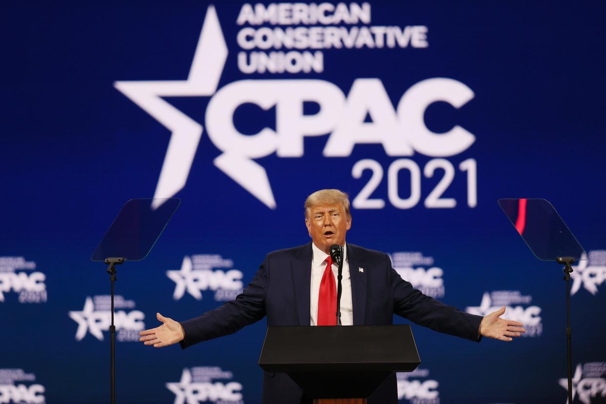 ORLANDO, FLORIDA - FEBRUARY 28: Former President Donald Trump addresses the Conservative Political Action Conference held in the Hyatt Regency on February 28, 2021 in Orlando, Florida. Begun in 1974, CPAC brings together conservative organizations, activists, and world leaders to discuss issues important to them. (Photo by Joe Raedle/Getty Images)