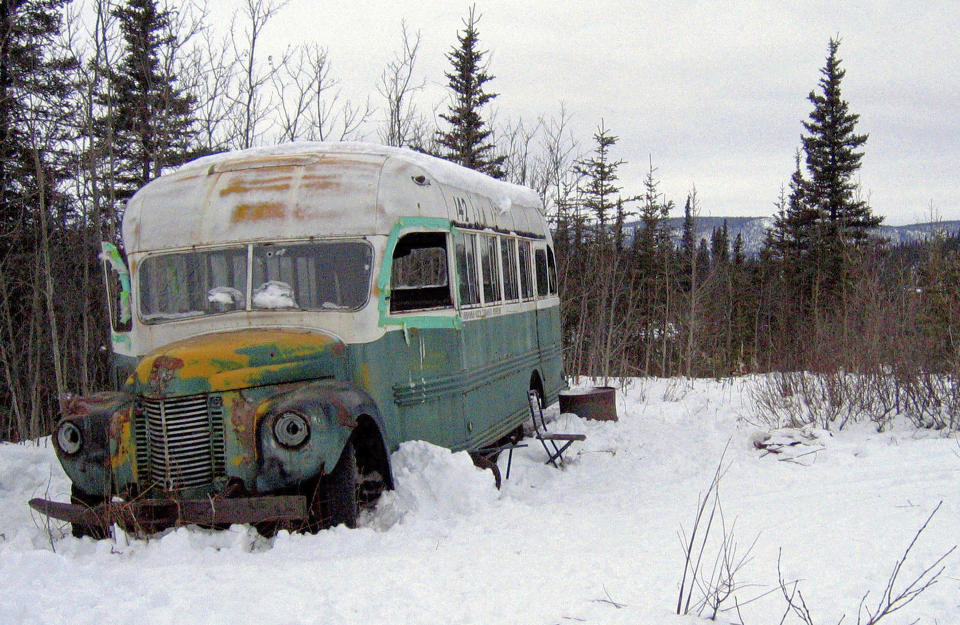 FILE - This March 21, 2006, file photo, shows the abandoned bus where Christopher McCandless starved to death in 1992 on Stampede Road near Healy, Alaska. They're tired of the deaths and multiple rescues linked to the decrepit old bus whose legendary status continues to lure adventurers to one of Alaska's most unforgiving hinterlands, and now officials in the nearest town want it removed, something the state has no intention of doing. (AP Photo/Jillian Rogers, File )