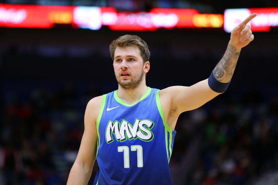 NEW ORLEANS, LOUISIANA - DECEMBER 03: Luka Doncic #77 of the Dallas Mavericks reacts against the New Orleans Pelicans during the second half at the Smoothie King Center on December 03, 2019 in New Orleans, Louisiana. NOTE TO USER: User expressly acknowledges and agrees that, by downloading and or using this Photograph, user is consenting to the terms and conditions of the Getty Images License Agreement. (Photo by Jonathan Bachman/Getty Images)