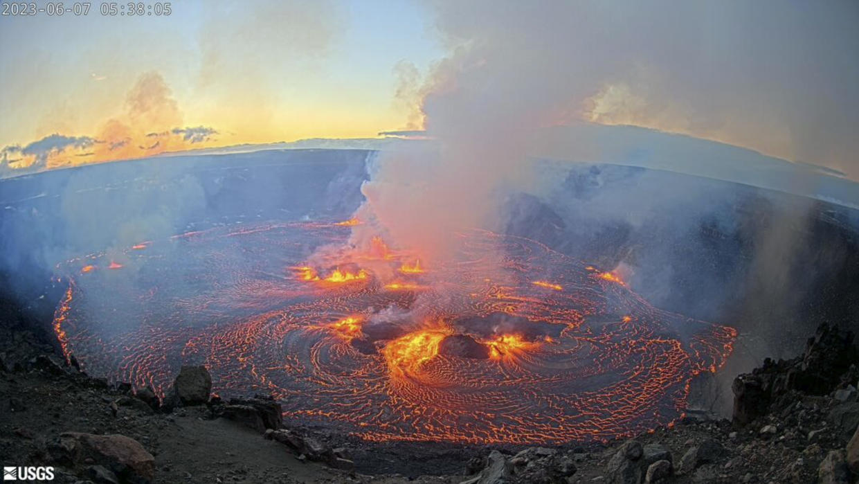 In this webcam image provided by the U.S. Geological Survey, an eruption takes place on the summit of the Kilauea volcano in Hawaii on June 7. (U.S. Geological Survey via AP)