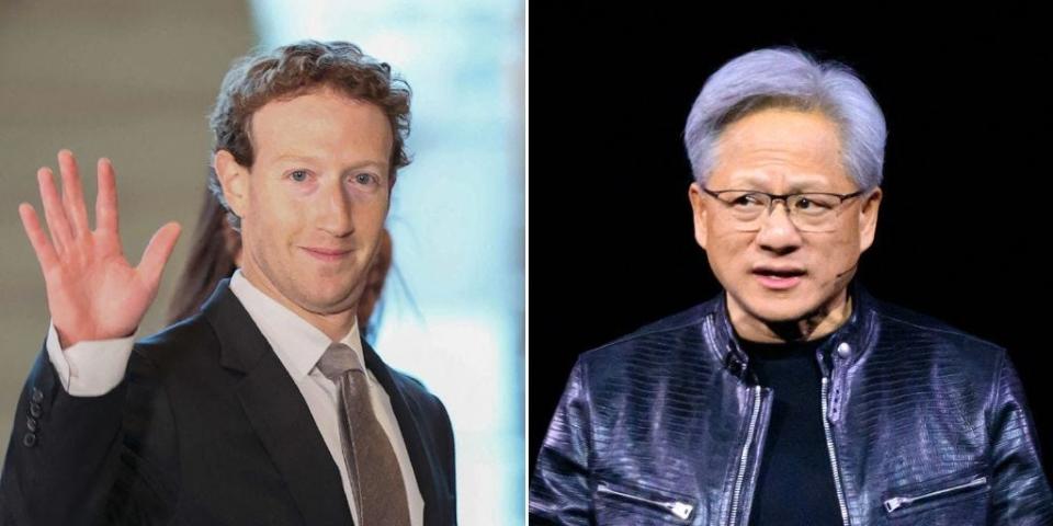 A composite image of Mark Zuckerberg waving and Jensen Huang speaking onstage.